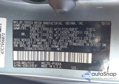 2006 Toyota Sienna Le z USA, uszkodzony, nr VIN 5TDBA23C76S075355